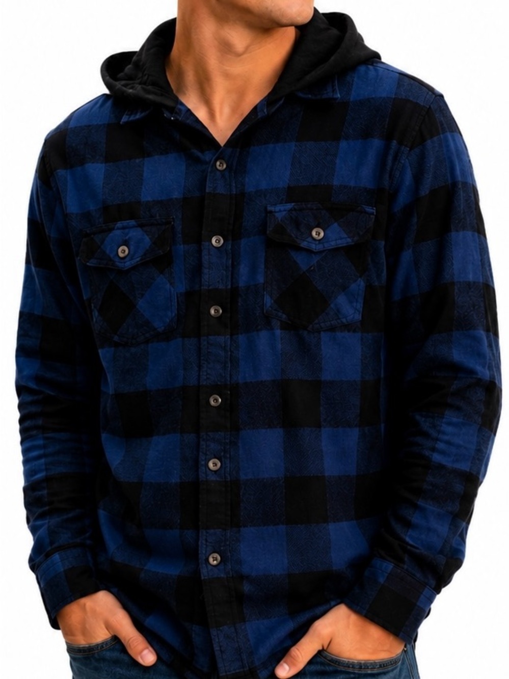 Black and Blue Button-Down Hooded Shirt EUC